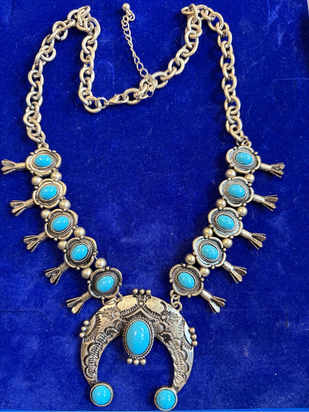 Vintage Faux Turquoise Squash Blossom Necklace Silver Tone 20” - Picture 2 of 3